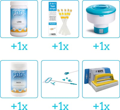 Zwembad Onderhoudspakket - Onderhoud Zwembad - bevat Chloor - Testrips - Chloordrijver - Chloor - Schoonmaakset en Scrubborstel (6-delig)