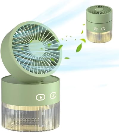 Draagbare ventilator met 120° rotatie en waternevelaar, 350 ml waterreservoir, mini ventilator met nachtlampje en 3 snelheden