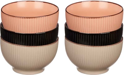 Kommetjes/serveer schaaltjes - 6x stuks - Mistique - porselein - D14 x H8 cm - zalm roze - zwart - beige - Stapelbaar