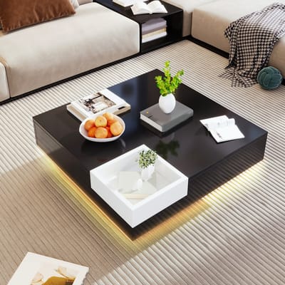 DESMIU Salontafel - Hoogglans Design Met Led En Uitneembare Opbergbox - Voor Woonkamer En Lounge - Spaanplaat - Zwart Wit - 72x72x30 Cm