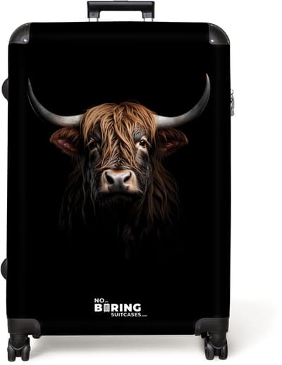 NoBoringSuitcases.com® - Koffer groot - Reiskoffer lichtgewicht - Schotse hooglander portret op zwarte achtergrond - Rolkoffer met 4 wielen - Grote trolley XL - 98 liter bagage