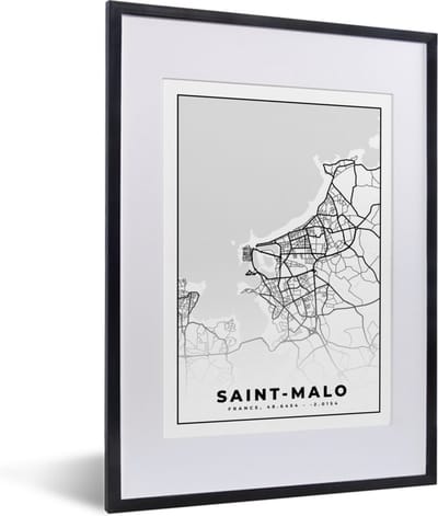 Fotolijst incl. Poster Zwart Wit- Saint-Malo - Kaart – Plattegrond – Frankrijk – Stadskaart - Zwart wit - 30x40 cm - Posterlijst