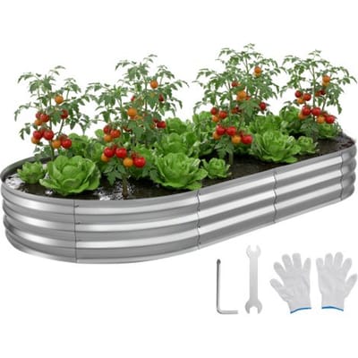 VEVOR Verhoogd tuinbed, Metaal, 240x120x30 cm, Ovaal tuinbed, Plantenbakset voor buiten, Groentebed met handschoenen, Bloembed zonder bodem, Plantbed voor bloemen, kruiden en groenten, Zilver