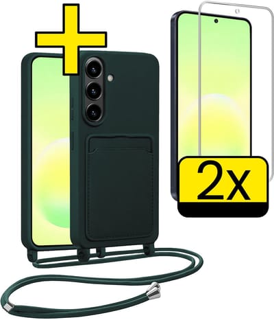 Hoesje Geschikt voor Samsung A57 Hoesje Met Koord Met 2x Screenprotector Siliconen Case - Hoes Geschikt voor Samsung Galaxy A57 Backcover Met Afneembaar Koord - Donkergroen