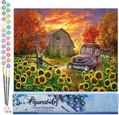Figured'Art Schilderen op Nummer Volwassenen canvas Zonnebloemen voor de schuur - Handwerk acrylverf Kit DIY Compleet - 40x50cm zonder frame