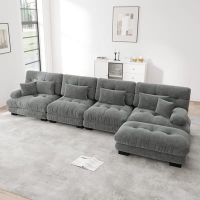 MODFU Modulaire Hoekbank - Verplaatsbare Ottoman - Vintage - Woonkamer - Chenille - Grijs