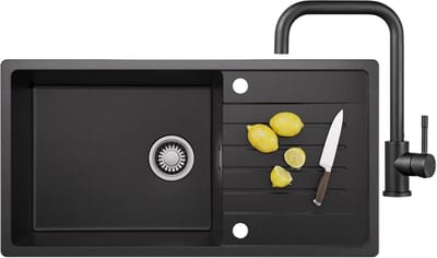 CECIPA MAX Granieten spoelbakken (86x45CM) - Spoelbak Keuken Met Keukenkraan - Wasbak Keuken Met Waterafvoersysteem en Afdruiprek - Zwart