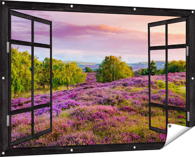 Gards Tuinposter Doorkijk Paarse Weide - 150x100 cm - Tuindoek - Tuindecoratie - Wanddecoratie buiten - Tuinschilderij