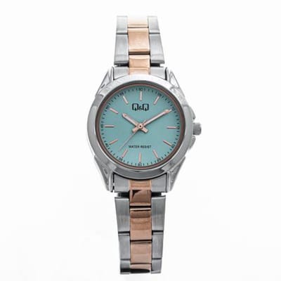 Q&Q-dameshorloge-model c05a-522py-bicolor-rosekleurig-zilverkleurig-groene wijzerplaat-3 atm waterdicht-diameter 30 mm