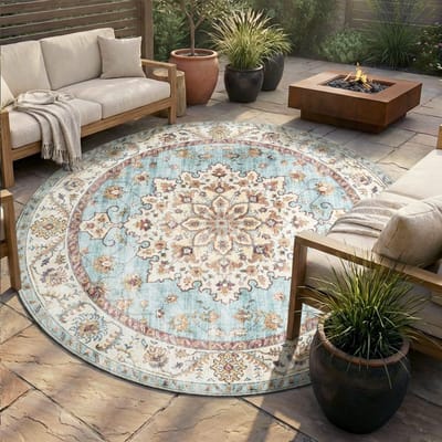 Fraai Rond vintage buitenkleed - Santo Medaillon Lichtblauw - Ø 100cm