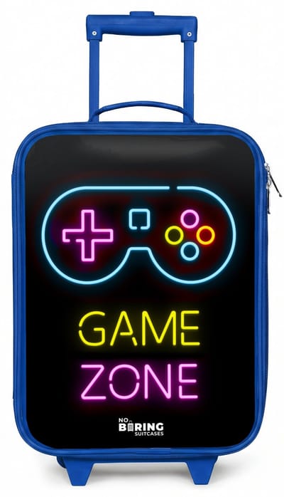 NoBoringSuitcases.com® - Kinderkoffer blauw - Kindertrolley jongen - Qoute met neonkleuren - Koffer kind lichtgewicht - Reiskoffer trolley voor kinderen - Koffertje met lichtgevende wieltjes - Rolkoffer