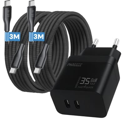 Phreeze usb C charger 35 W - Power Delivery GaN oplader met 2 usb C naar usb C kabels 3m - Dual port snellader voor telefoon en tablet