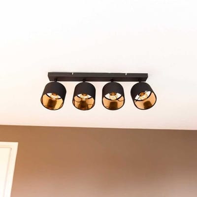 HOFTRONIC - Jimmy LED Plafondspot - Stoffen kap (textiel) – 4 spots - Kantelbaar - Draaibaar - Mat Zwart en Goud - E14 fitting - IP20 - Plafondlamp