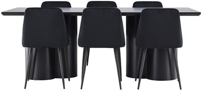 Olivia eethoek tafel 100x210cm en 6 velours stoelen zwart.