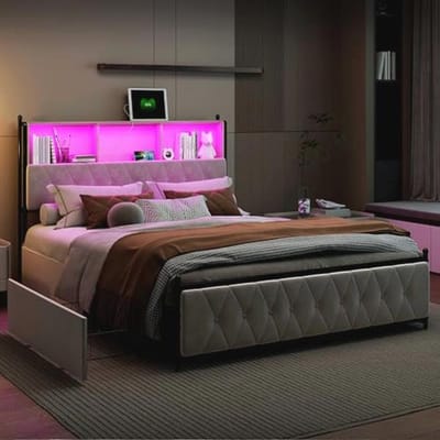 Tweepersoonsbed 180 x 200 cm, Gewatteerd met Opbergladen, USB-laden en LED-verlichting, Fluwelen Bedframe met Hoofdeinde, Beige