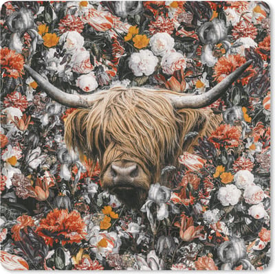 Muismat 20x20 cm - Mousepad Schotse hooglander - Bloemen - Oranje - Muismatten