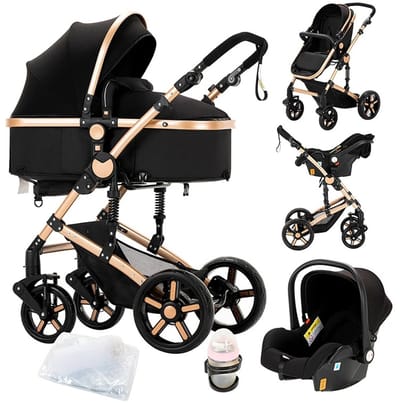 Mila Shop Kinderwagen 3 in 1 - Wandelwagen - Babywagen - Multifunctionele kinderwagen - Baby autostoel - Inclusief maxi cosi - Zwart/Rosé - 42x45x103cm