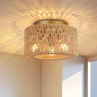 HOME Plafondlamp Boho, 3-vlammige vintage plafondlamp met rotan lampenkap hanglamp E27-fitting voor woonkamer, eetkamer, slaapkamer, keuken, hal