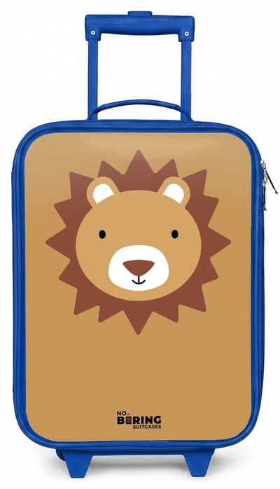 NoBoringSuitcases.com® - Kinderkoffer blauw - Kindertrolley jongen - Bruine leeuw dierenportret - Koffer kind lichtgewicht - Reiskoffer trolley voor kinderen - Koffertje met lichtgevende wieltjes - Rolkoffer