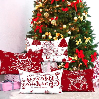Set van 4 Kerstkussens 30x50 cm met Decoraties van Bomen, Herten en Sneeuwpop voor Feestelijke Kerstdecoratie