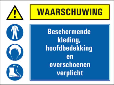 Beschermende kleding, haarnetje en overschoenen verplicht sticker 280 x 210 mm