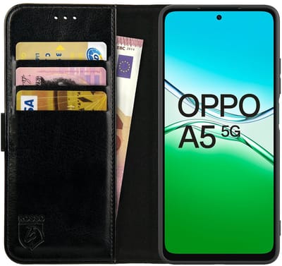 Rosso Element Geschikt voor Oppo A5 (2025) | Wallet Book Case | Portemonnee Hoesje | 3 Pasjes | Magneetsluiting | Stand Functie | Zwart