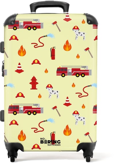 NoBoringSuitcases.com® - Kinderkoffer - Kindertrolley jongen en meisje - Brandweer patroon met voertuigen en vlammen - Koffer kind groot - Rolkoffer lichtgewicht - Reiskoffer met 4 wielen - Grote trolley XL - 20 kg bagage