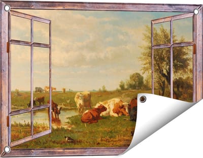 Gards Tuinposter Doorkijk Koeien in de Weide - Gerard Bilders - 60x40 cm - Tuindoek - Tuindecoratie - Wanddecoratie buiten - Tuinschilderij
