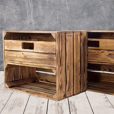 Set van 2 Gevlamde Houten Opbergkisten met Lade - 50x40x30 cm - Rustieke Houten Kratten