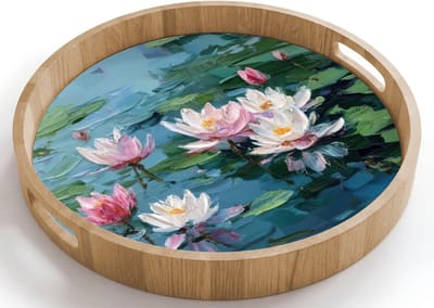 Dienblad rond 40x40 cm - Schootdienblad hout - Waterlelies - Bloemen - Roze - Water - Borrelplank rechthoek - Plateau houten dienbladen