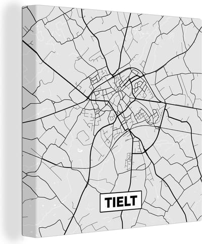 Canvas Schilderij België – Tielt – Stadskaart – Kaart – Zwart Wit – Plattegrond - 20x20 cm - Wanddecoratie