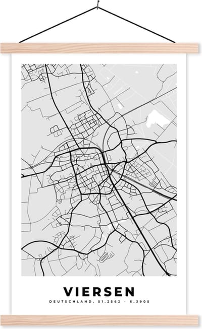Posterhanger incl. Poster 40x60 cm - Schoolplaat - Plattegrond - Duitsland - Viersen - Stadskaart - Kaart - Textielposter - Blanke latten - Stadskaart
