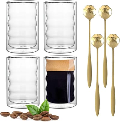 Latte Macchiato glazen, set van 4 x 350 ml, dubbelwandige glazen, thermoglazen, dubbelwandig, cappuccino, kopjes met 4 rozenlepels, koffieglazen, theeglazen, cappuccinokopjes, koffie