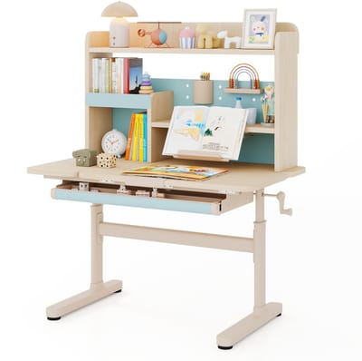 COSTWAY Bureau voor kinderen, kinderbureau, 52-74 cm, in hoogte verstelbaar, met kantelbaar tafelblad, kindertafel met plank, lade en boekenstandaard, schoolbureau voor kinderen vanaf 3 jaar, blauw