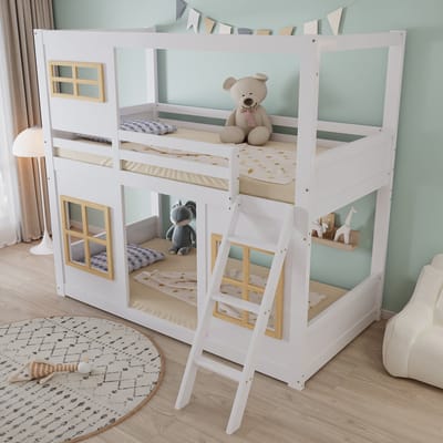 OKWISH Kinderstapelbed 90x200 Cm – Met Raamopeningen – Met Stevige Trap – Met Vierzijdige Omheining – Zonder Matras – Massief Hout En MDF – Wit Naturel