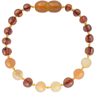 Wild Sun Barnsteen Armband Baby / Peuter - Amber Enkelbandje - Baltische Barnsteen – Pijnstillend bij Doorkomende Tanden - 14 cm - Cognac / Aventurijn