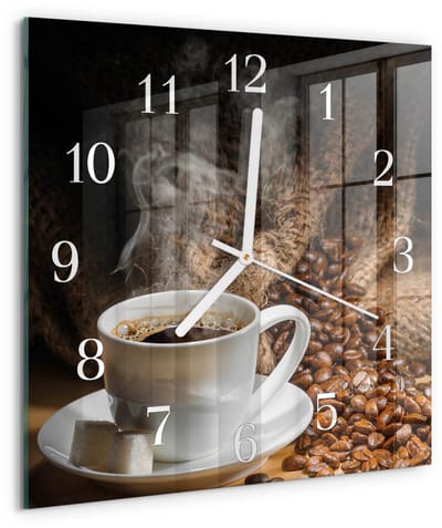 Tulup Wandklok - Koffie Glazen Wandklok Design - 30x30 cm - Bruin Klok Glas Met Opdruk - Witte Handen - Vierkante Wandklok - Wandklok Glas Met Motief - Decoratieve Glazen Klok
