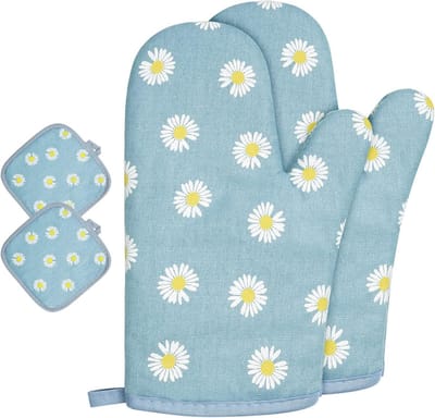 Hittebestendige Kookhandschoenen en Ovenwanten van Katoen voor Bakken en Koken - Blauwe Kreukel Daisy