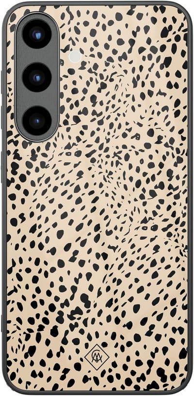 Casimoda® hoesje - Geschikt voor Samsung Galaxy S25 - Stippen bruin abstract - Luxe Hard Case Zwart - Backcover telefoonhoesje - Bruin/beige