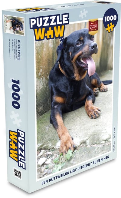 Puzzel Een Rottweiler ligt uitgeput bij een hek - Legpuzzel - Puzzel 1000 stukjes volwassenen