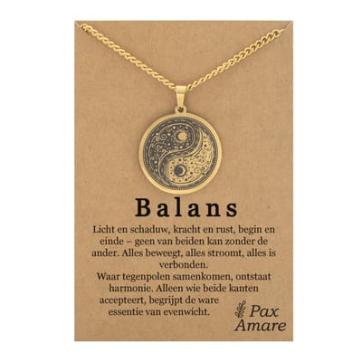 Yin Yang Ketting op Cadeau Kaartje - "Balans" - Goudkleurig - Spirituele Talisman / Medalion - Roestvrij Staal - Talisman / Hanger - 60cm