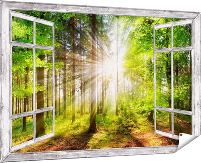 Gards Tuinposter Doorkijk Bos met Zon tussen de Bomen - 180x120 cm - Tuindoek - Tuindecoratie - Wanddecoratie buiten - Tuinschilderij