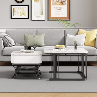 Salontafel Set - 70 x 70 x 45 cm + 50 x 50 x 40 cm - Geometrisch Ontwerp met 1 Lade - Marmor Optiek - Woonkamer Tafel Set - Wit/Zwart