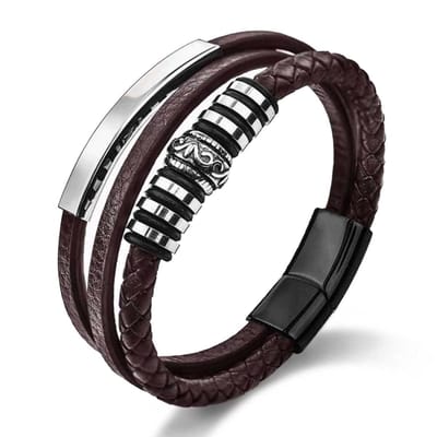 Victorious Bruin Leren Armband Heren – Bruin Leer en Zwart Roestvrij Staal – Bruin – 18.5cm