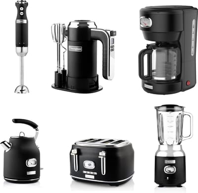Westinghouse Retro 6-delige Set – Handmixer + Staafmixer + Blender 1,5L + Waterkoker 1,7L + Broodrooster 4 Sneden + Filter Koffiezetapparaat – Zwart