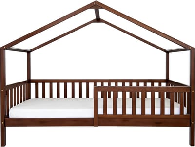 Sunny Kae Bedhuisje – Met Uitvalbeveiliging – 207 x 96 x 156,5 cm – Peuterbed Meisjes en Jongens – FSC 100% Hout – Huisbed 90x200 - Met Lattenbodem – Bedbank - Exclusief Matras – Bruin