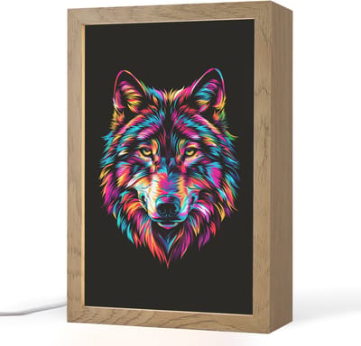 Nachtlampje 20x30 cm - Kinder lampje - Wolf - Kleurrijk - Zwart - Dieren - Neon - Tafellamp kinderkamer - Slaapkamer lamp - Bedlamp kinderen - Kinderlampje stopcontact - Wandlamp babykamer - Nachtlampjes