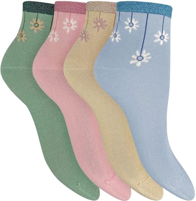 Pierre Cardin Dames Sokken Silver E.05 - 4 Paar - Quarter Enkelsokken - Bloemenprint - Groen, Roze, Geel & Blauw - 200 Naalds - Naadloze Teen