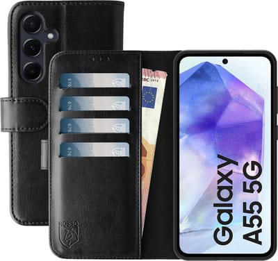 Rosso Element Geschikt voor Samsung Galaxy A55 | Portemonnee Hoesje | Wallet Book Case | 3 Pasjes | Magneetsluiting | Stand Functie | Zwart