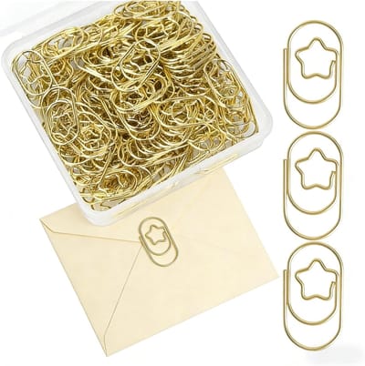 130 stuks mini gouden ster-motivo paperclips 22x12mm, gouden metalen paperclips met stervorm, paperclips met ster in transparante doos voor kantoor must-haves, school en klaslokaal